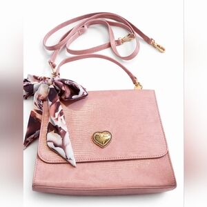 Betsey Johnson Pink Lizard Embossed Heart Crossbody Top Handle Bag Scarf